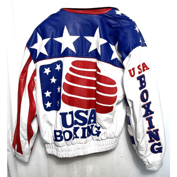 Vintage USA Boxing Leather Bomber Jacket Men's Size L Red White Blue Ringside KS - Picture 1 of 14
